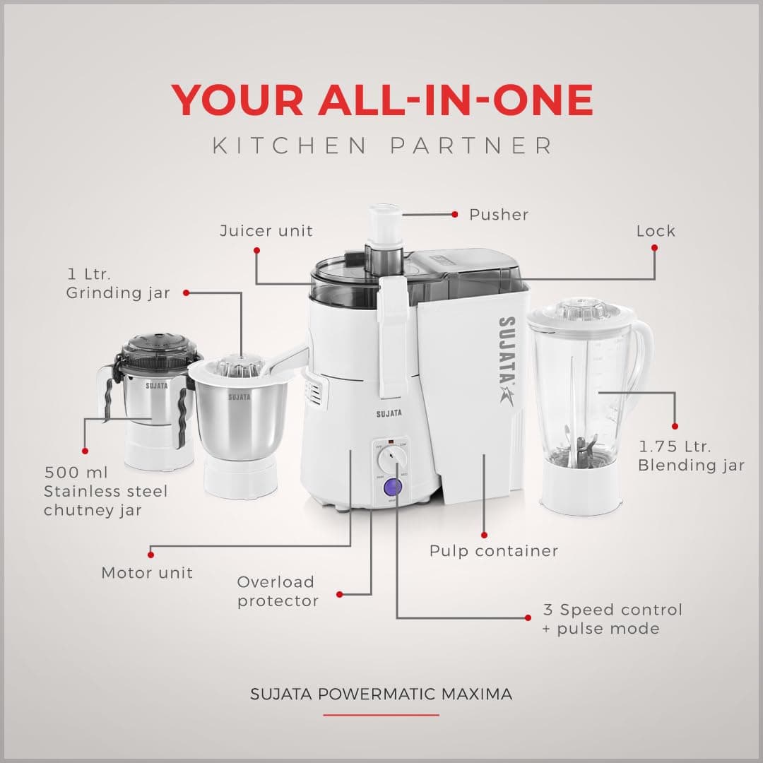 SUJATA POWERMATIC MAXIMA 900 WATTS JUICER MIXER GRINDER preview 7