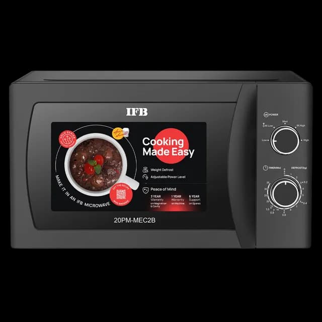 IFB 20PM MEC2B 20L solo microwave oven with 71 Auto Cook menus and timer option in black